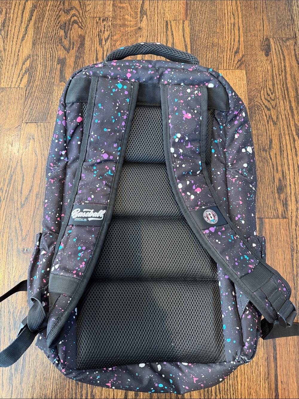 Baseball Lifestyle 101 Black Paint-Splash Kids Backpack with Teal & Pink Accents - Picture 2 of 5